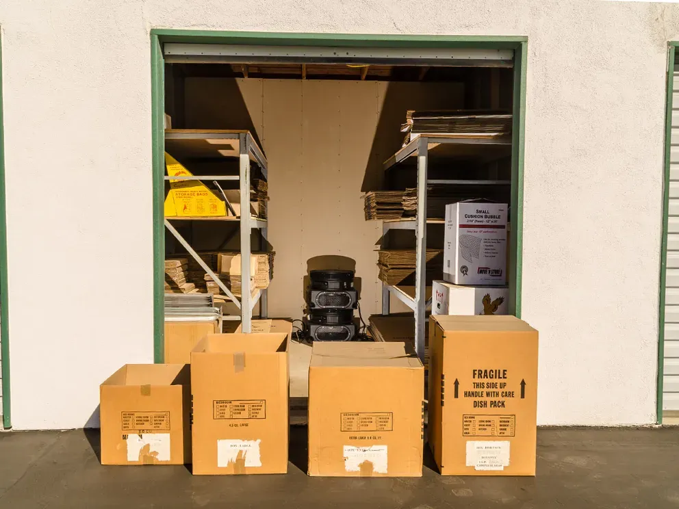 Boxes and other moving supplies in a storage unit